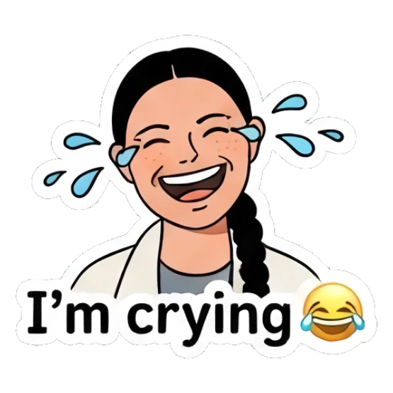 Woman laughing with tears of joy, text I'm crying Diverse Duo Expressions sticker for expressive chats and social replies.