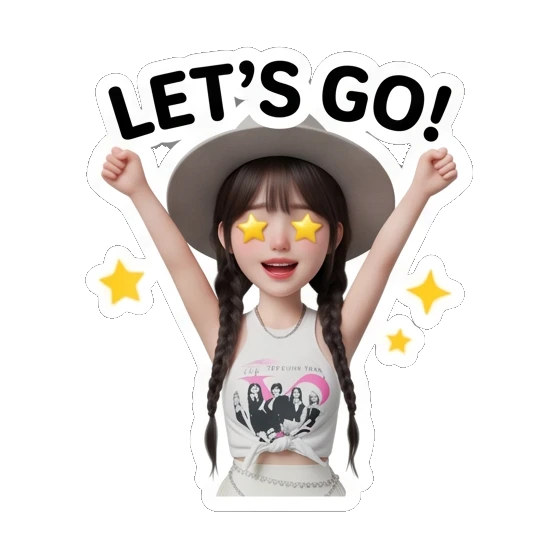 Girl with hat cheering with stars, text LET'S GO! Chic Hat Girl Expressions sticker for expressive chats and social replies.