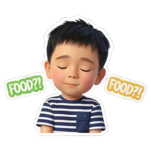 饥饿男孩期待"FOOD?!". Little Boy's Expressive World sticker for expressive chats and social replies.