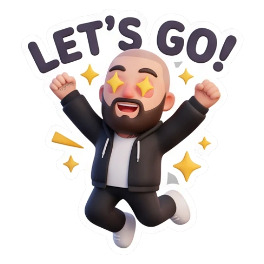 Bearded man jumping with excitement, text LET'S GO! Bearded Guy Daily Vibes sticker for expressive chats and social replies.