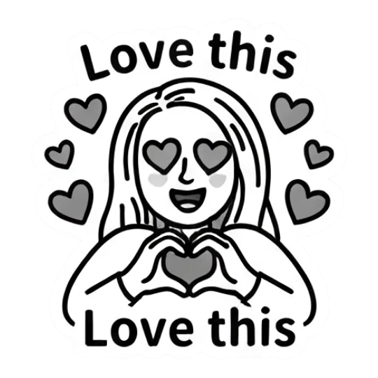 Girl making heart shape with hands and heart icons, text Love this Keith Haring Style Girl Expressions sticker for expressive chats and social replies.