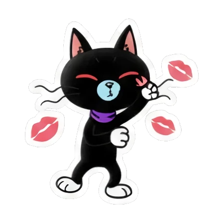 Black cat blowing kisses with lip icons. Cool Black Cat Daily sticker for expressive chats and social replies.