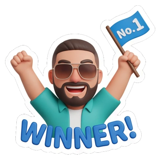 Victorious bearded man holding a No.1 flag, WINNER Bearded Buddy Daily Vibes sticker for expressive chats and social replies.