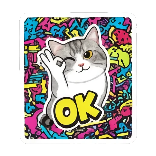 Grey cat winking with OK hand gesture and OK text Retro Graffiti Cat Vibes sticker for expressive chats and social replies.