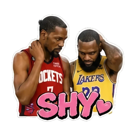 Two players looking shyly at each other, blushing, text SHY. Basketball Legends Duo sticker for expressive chats and social replies.