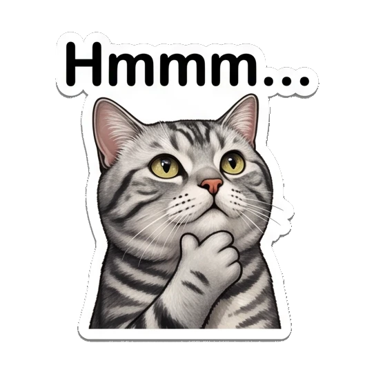 Thinking tabby cat with paw on chin and text Hmmm... Fluffy Tabby Moods sticker for expressive chats and social replies.