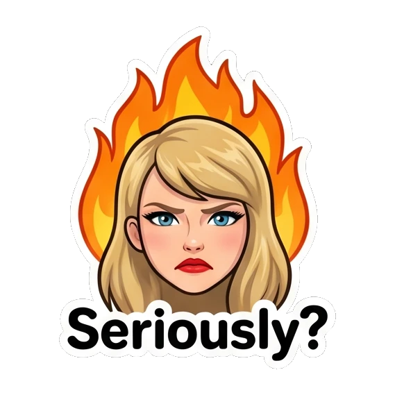 Blonde girl with angry fire background with text Seriously Blonde Pop Icon Expressions sticker for expressive chats and social replies.