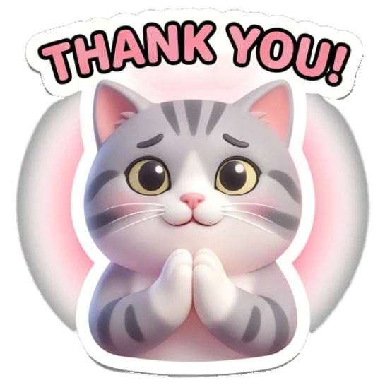 Grateful tabby cat with hands together and text THANK YOU! Cheerful Tabby Cat Daily sticker for expressive chats and social replies.
