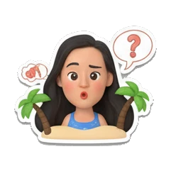 Girl thinking with question mark, text ? Summer Beach Girl Vibes sticker for expressive chats and social replies.