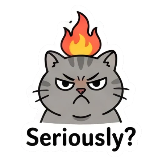 Grey cat looking angry with a fire flame on head and text Seriously? Grumpy Grey Cat Daily sticker for expressive chats and social replies.