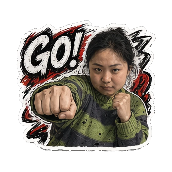 年轻女性挥拳出击，表情坚定，文字GO Punk Girl Daily Vibes sticker for expressive chats and social replies.