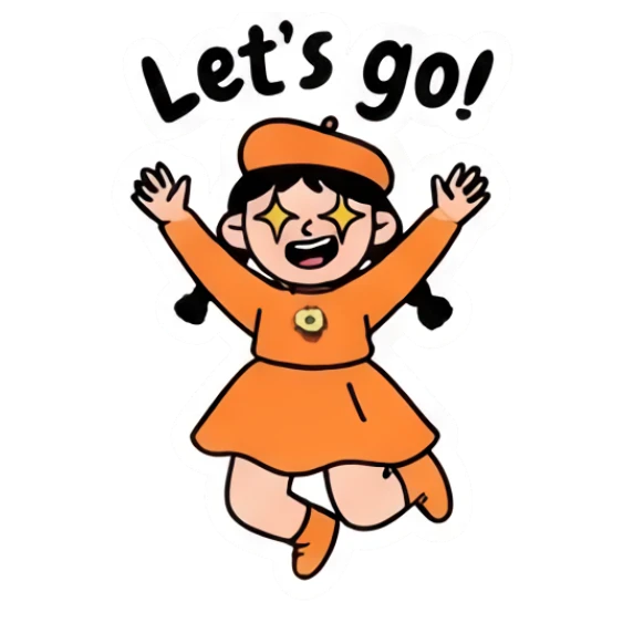 Girl jumping with excitement, Let's go text Beret Girl Daily Vibes sticker for expressive chats and social replies.