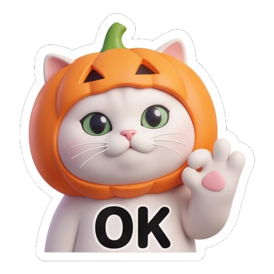 White cat wearing a pumpkin hat saying OK with a paw up. Whimsical White Cat Adventures sticker for expressive chats and social replies.