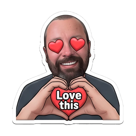 Bearded man making a heart shape with hands and heart eyes. Bearded Guy Daily Vibes sticker for expressive chats and social replies.