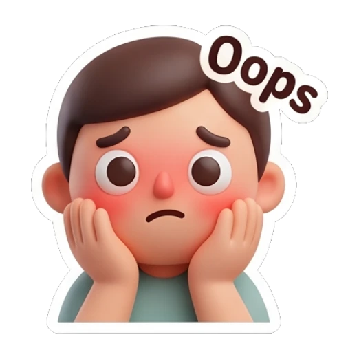 Embarrassed boy holding cheeks with red face and Oops text. Cute Boy Daily Expressions sticker for expressive chats and social replies.