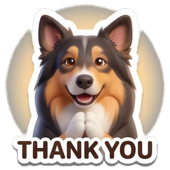 Border Collie with hands together in gratitude, glowing aura, text THANK YOU Cheerful Border Collie Expressions sticker for expressive chats and social replies.