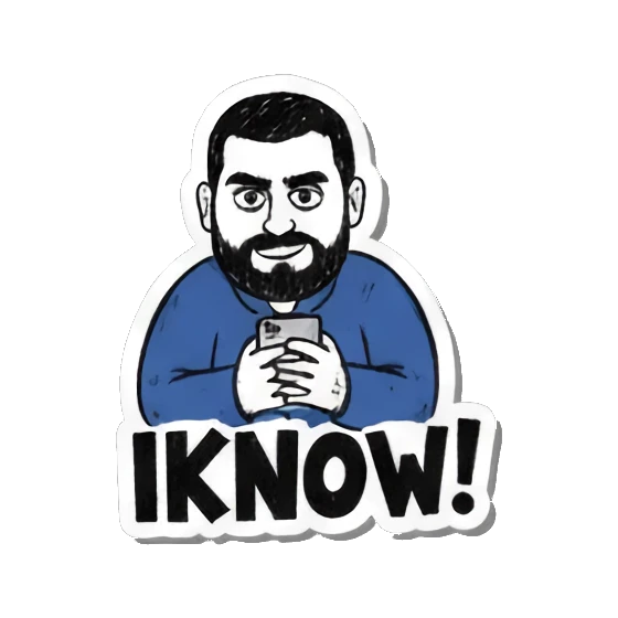 Man texting on phone, "IKNOW!" Bearded Guy's Moods sticker for expressive chats and social replies.
