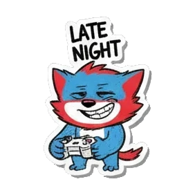 Gamer cat holding a game controller with a smirk and text LATE NIGHT Gamer Cat Adventures sticker for expressive chats and social replies.