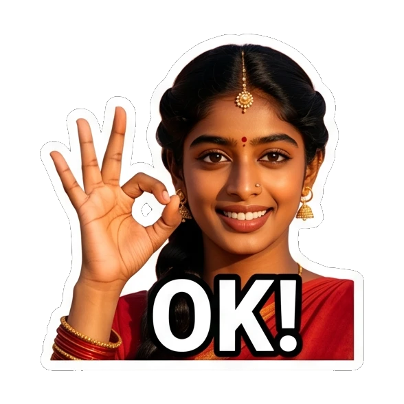 Indian girl making an OK hand sign with a smile Indian Girl Expressions sticker for expressive chats and social replies.