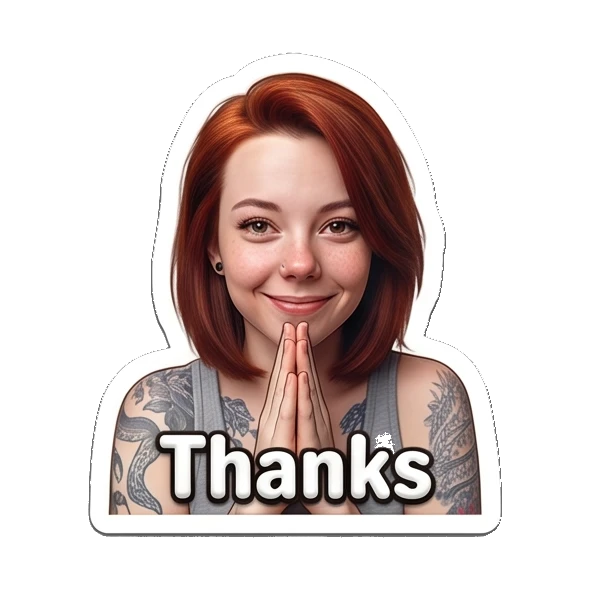 Red-haired girl with hands together in a thankful pose. Red-Haired Girl Expressions sticker for expressive chats and social replies.