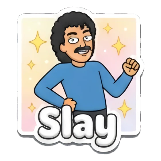 Confident man posing with hands on hips and text Slay Curly Hair Guy Adventures sticker for expressive chats and social replies.