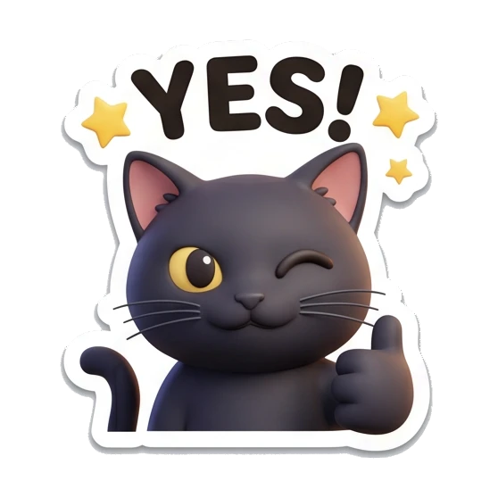 Black cat winking and giving a thumbs up, text Yes. Playful Black Cat Moods sticker for expressive chats and social replies.