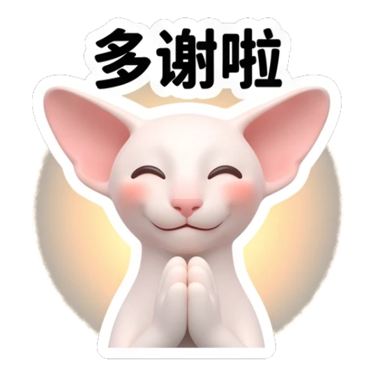 Grateful Sphynx cat with hands together and '多谢啦' text Sphynx Cat Daily Vibes sticker for expressive chats and social replies.