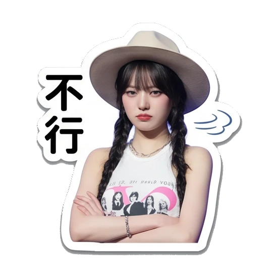 女孩双手交叉胸前，表情严肃，文字：不行 Chic Girl Daily Vibes sticker for expressive chats and social replies.
