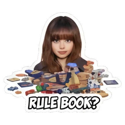 Gamer girl looking confused at a messy board game with 'RULE BOOK?' text. Gamer Girl Adventures sticker for expressive chats and social replies.