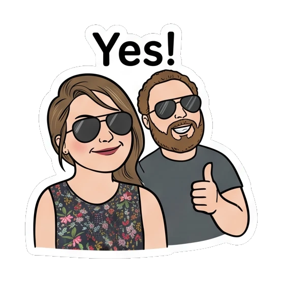 Woman smiling and man giving thumbs up with text Yes! Couple Vibes Daily sticker for expressive chats and social replies.