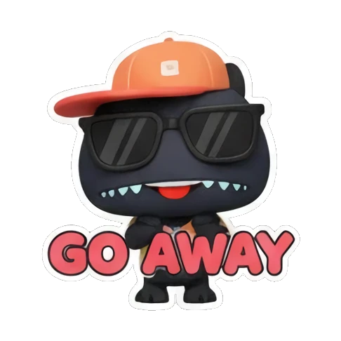 Black monster wears cap and sunglasses with GO AWAY text. Little Black Monster Moods sticker for expressive chats and social replies.