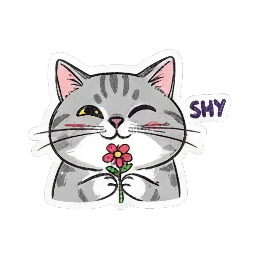 Shy cat holding a flower Playful Gray Tabby Diary sticker for expressive chats and social replies.