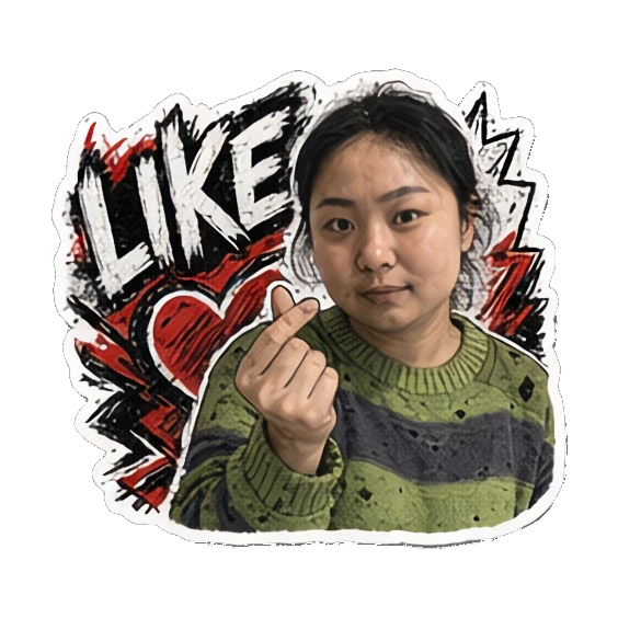年轻女性比心，表情甜美，文字LIKE Punk Girl Daily Vibes sticker for expressive chats and social replies.