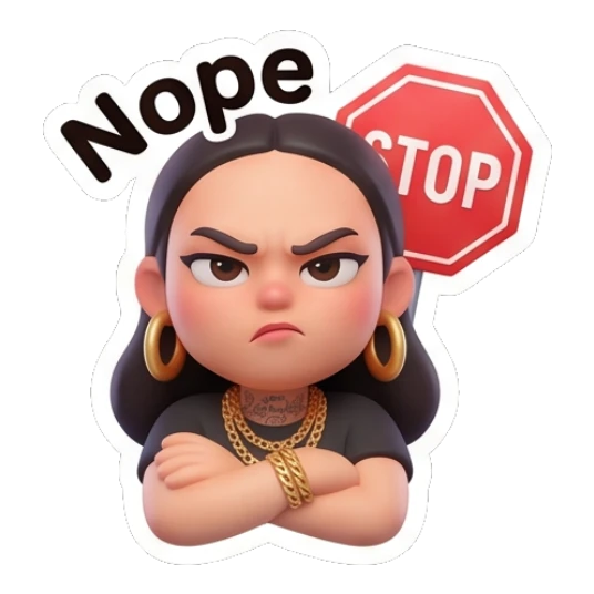 Girl with arms crossed and a stop sign, text Nope. Chic Urban Girl Vibes sticker for expressive chats and social replies.