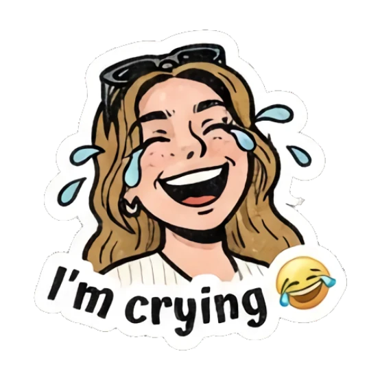 Girl laughing with tears of joy, text 'I'm crying' Retro Comic Girl Expressions sticker for expressive chats and social replies.