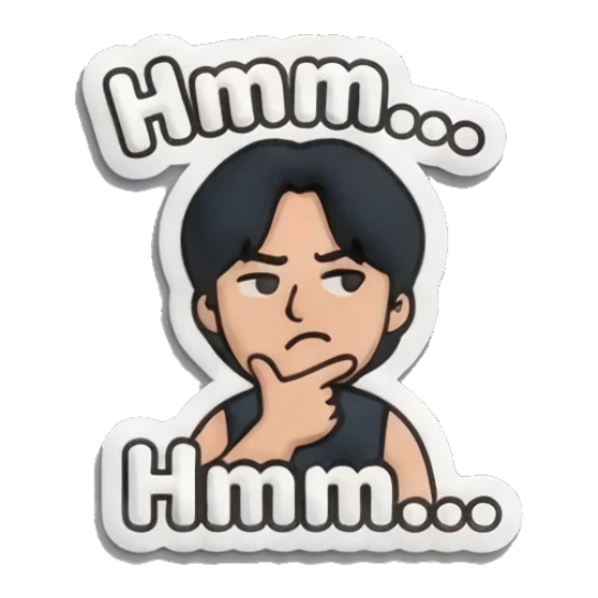 Boy thinking with hand on chin and text Hmm Puffy Boy Daily Vibes sticker for expressive chats and social replies.