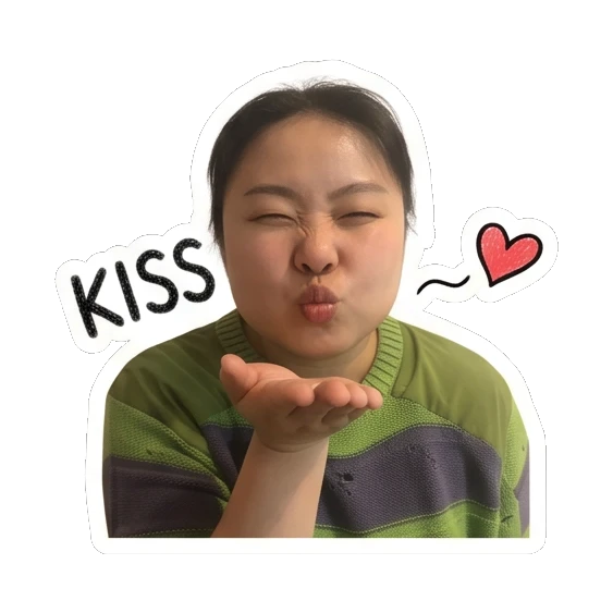 Young woman blowing a kiss with 'KISS' text Cheerful Daily Expressions sticker for expressive chats and social replies.
