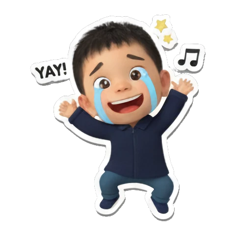Happy boy cheering 'YAY!' with music notes Chibi Boy's Daily Fun sticker for expressive chats and social replies.