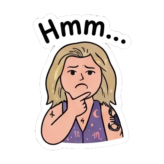Thoughtful girl resting chin on hand, saying Hmm Festival Boho Girl sticker for expressive chats and social replies.