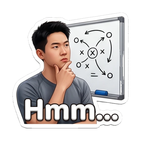 Player thinking in front of tactic board, text Hmm... Volleyball Boy Daily Life sticker for expressive chats and social replies.