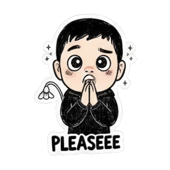Boy begging with hands together and 'PLEASEEE' text. Cool Boy Doodle Diary sticker for expressive chats and social replies.