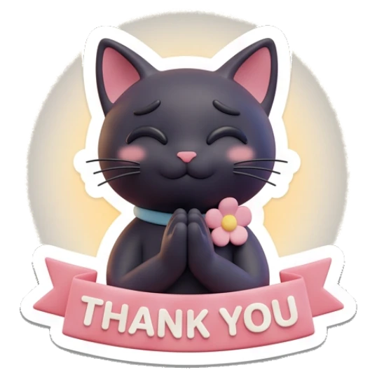 Grateful black cat with hands together, text Thank You. Playful Black Cat Daily sticker for expressive chats and social replies.