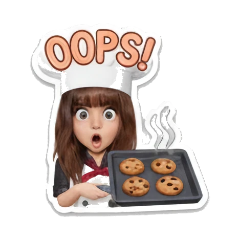 Girl chef with burnt cookies, surprised, OOPS Little Chef Adventures sticker for expressive chats and social replies.