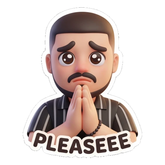 Bearded man praying or begging with 'PLEASEEE' text. Modern Bearded Guy sticker for expressive chats and social replies.