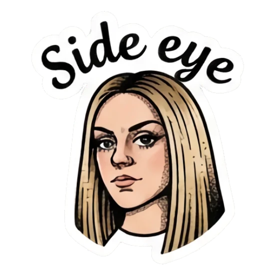 Blonde girl giving a side eye look with text 'Side eye' Vintage Blonde Expressionist sticker for expressive chats and social replies.