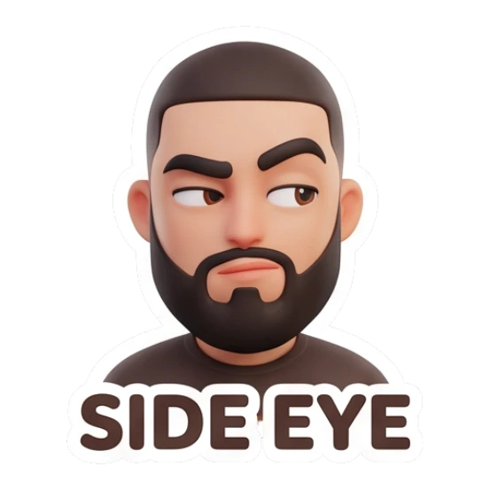 Man with beard giving side eye look, text SIDE EYE Modern Couple Daily Vibes sticker for expressive chats and social replies.