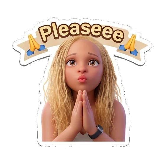 Blonde girl pouting with hands together and Pleaseee text Blonde Girl Daily Vibes sticker for expressive chats and social replies.