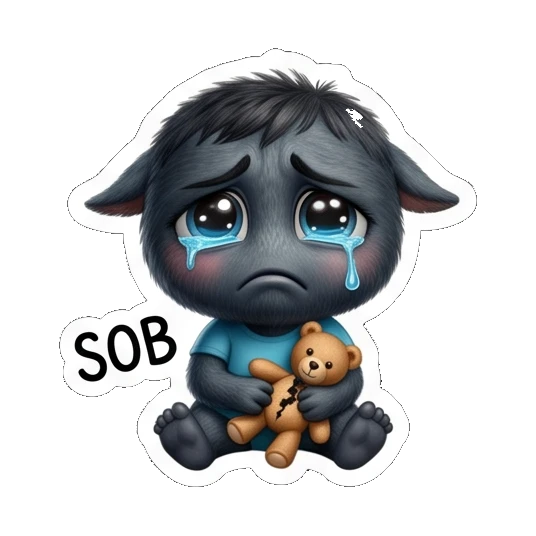 Baby monster crying while holding a teddy bear, labeled SOB Furry Monster Family Life sticker for expressive chats and social replies.