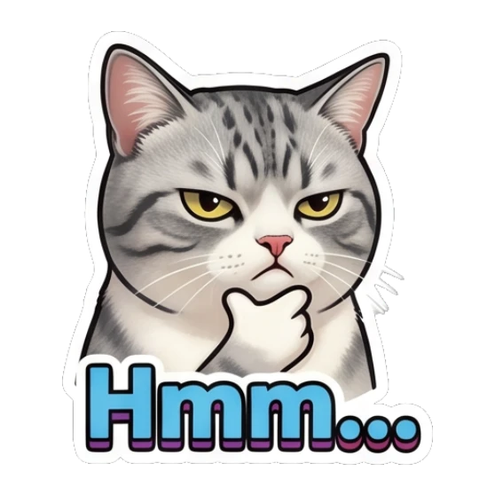 Thinking tabby cat with paw on chin and text Hmm... Expressive Tabby Cat sticker for expressive chats and social replies.