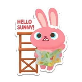 Pink bunny looking at a map, Hello Sunny text. Pink Bunny Beach Day sticker for expressive chats and social replies.